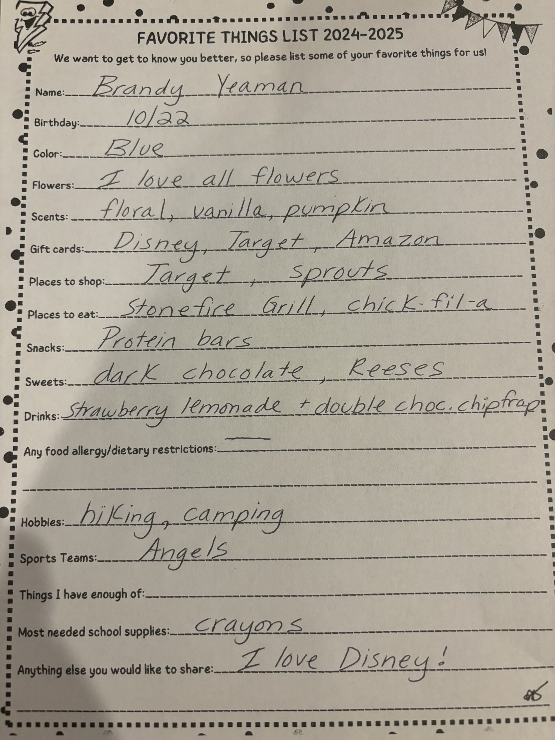 Mrs. Yeaman’s Favorite Things (Student Supervisor Associate)) Stephen